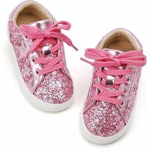 GinFive Toddler Girls Size 9 Pink Glitter Sneakers Round Close Toe Lace Up Shoes